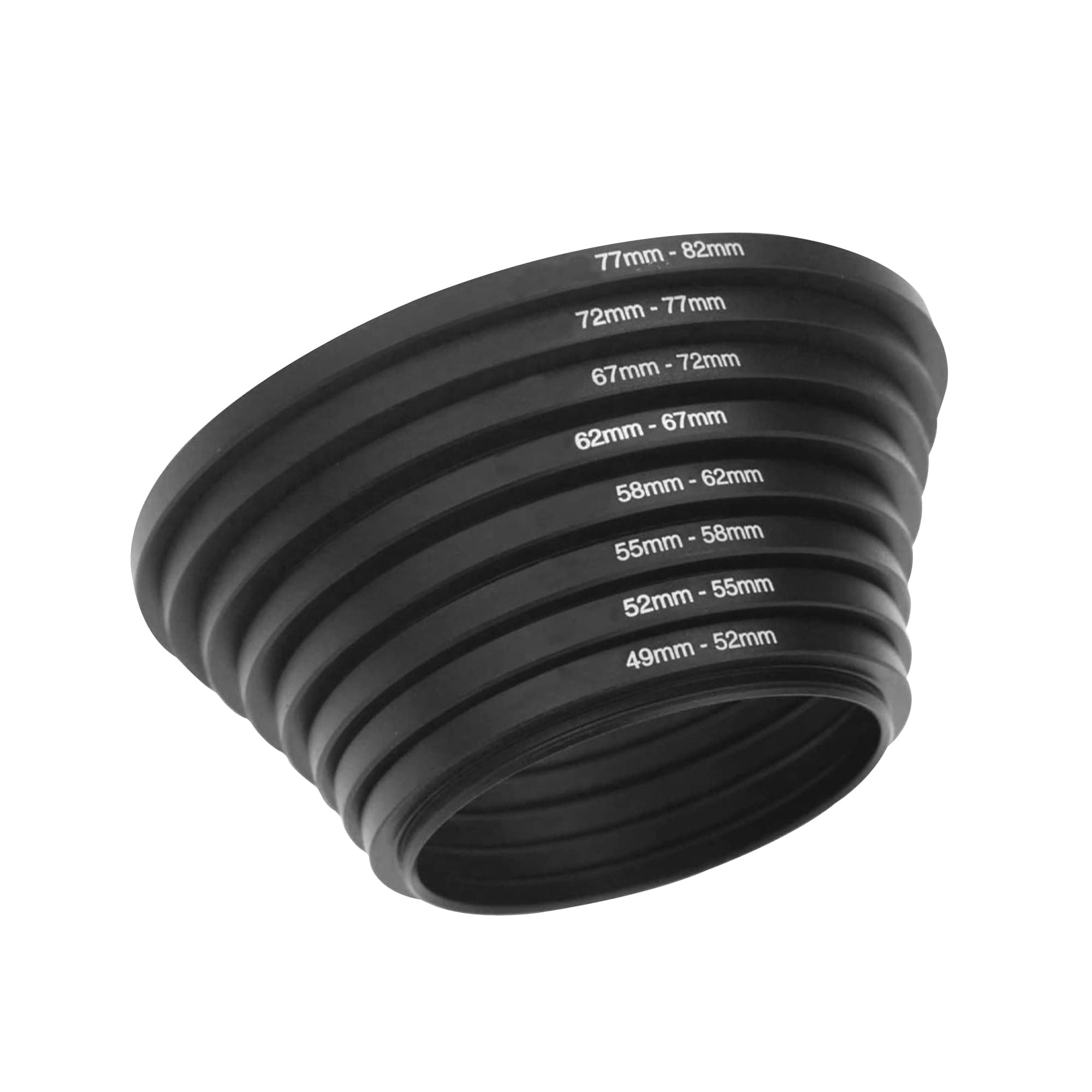Camera Lens Step Up Filter Adapter Rings, 49-52, 52-55, 55-58, 58-62, 62-67, 67-72, 72-77, 77-82mm Metal Step Up Rings Kit with Anodized Aluminum Threaded Black Frame