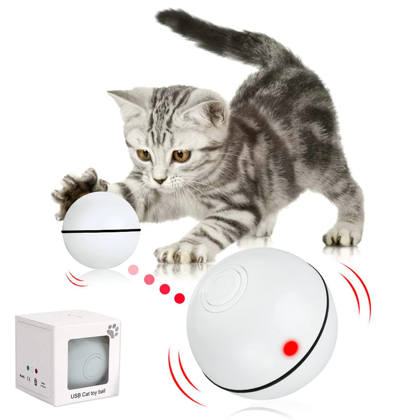 Interactive Cat Toys Ball, Smart Automatic Rolling Kitten Toys, USB Rechargeable Motion Ball + Spinning Led Light with Timer Function, The Best Entertainment Exercise Gift for Your Kitty