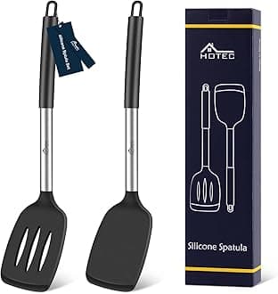 Silicone Spatula Set of 2 Heat-Resistant 600°F & BPA-Free Kitchen SaptulaTurner with Stainless Steel Handles, Slotted & Solid Spatulas for Nonstick Cookware, 13.7 Inch, Black