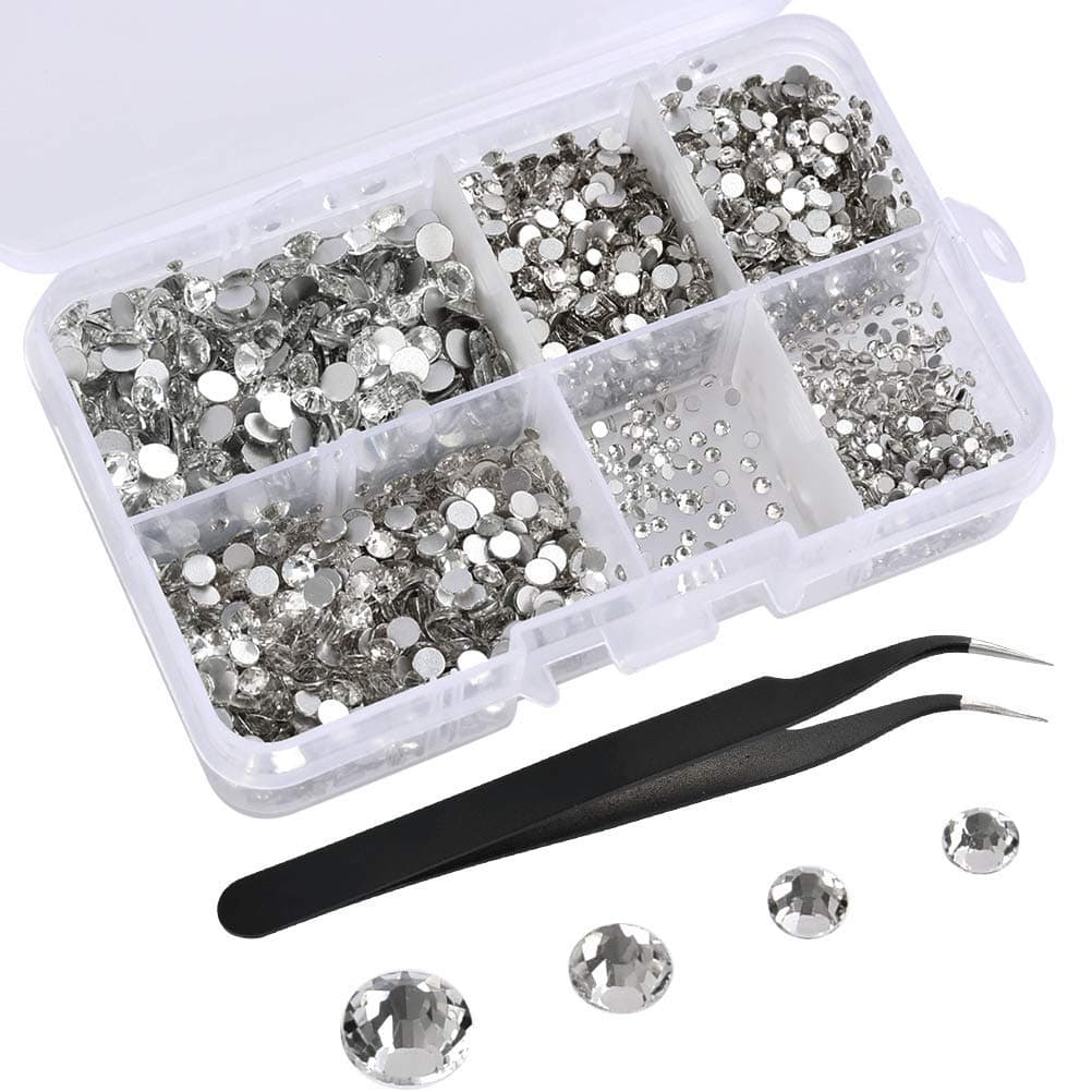 BUYGOO 4000Pcs Clear Hotfix Rhinestones 4 Mixed Size Crystal Flatback Rhinestones 2mm 3mm 4mm 5mm Round Crystals Gems Glass Stones for Crafts Nail Face Art Clothes DIY with Tweezers