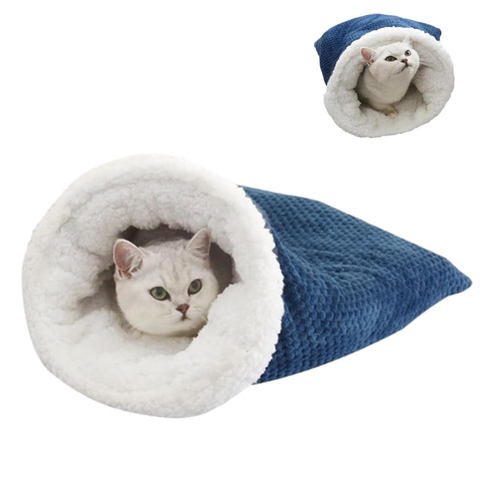 Cat Winter Sleeping Bag - Soft Plush Cat Bed Cave, Large Pet Sleeping Sack 360 Wrap for Comfort, Warm Cat Snuggle Sack for Cats up to 6kg - Cozy Bed for Small Pets (Dark Bule)