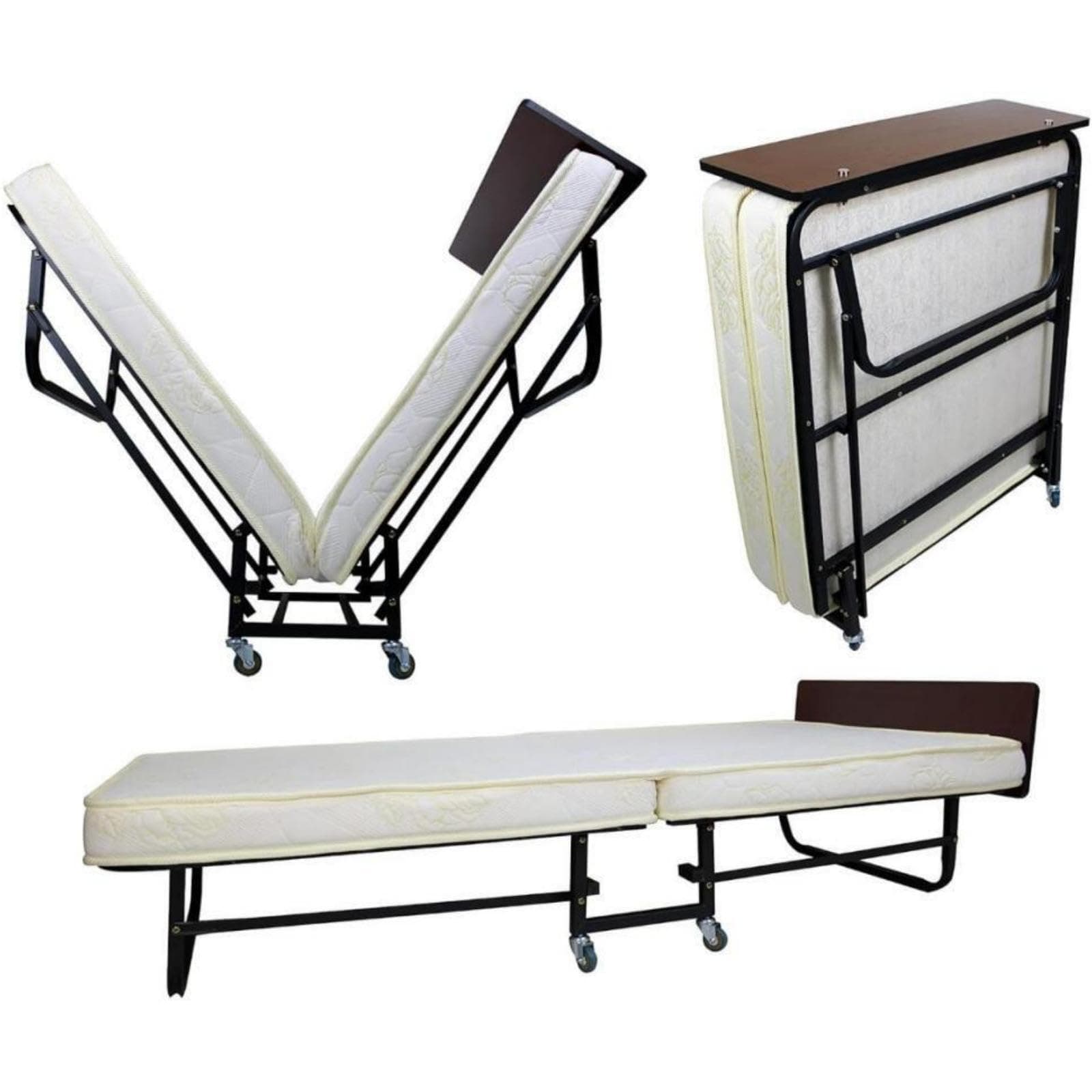 Folding Bed with Mattress, Portable Rollaway, 4 smooth-rolling universal caster wheels upright bed with 9cm sponge and Strong Sturdy Frame for Home and Office, (195 * 95 * 40cm beige)