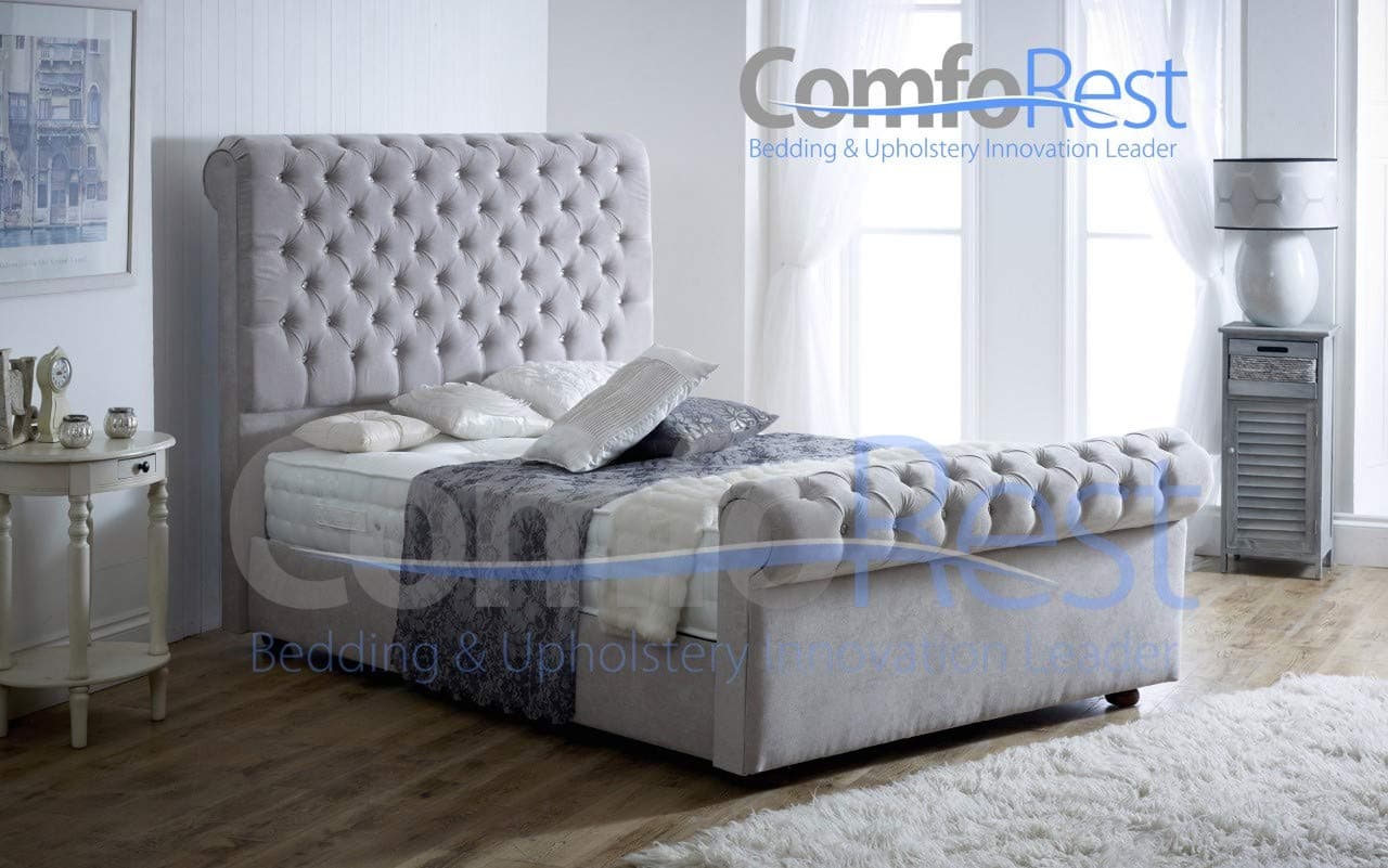 ComfoRest Luxurious Chesterfield Sleigh Bed Frame, Premium Quality Bed, Made in UK (5ft - King-size, Seal Grey Naple Velvet (in Picture))
