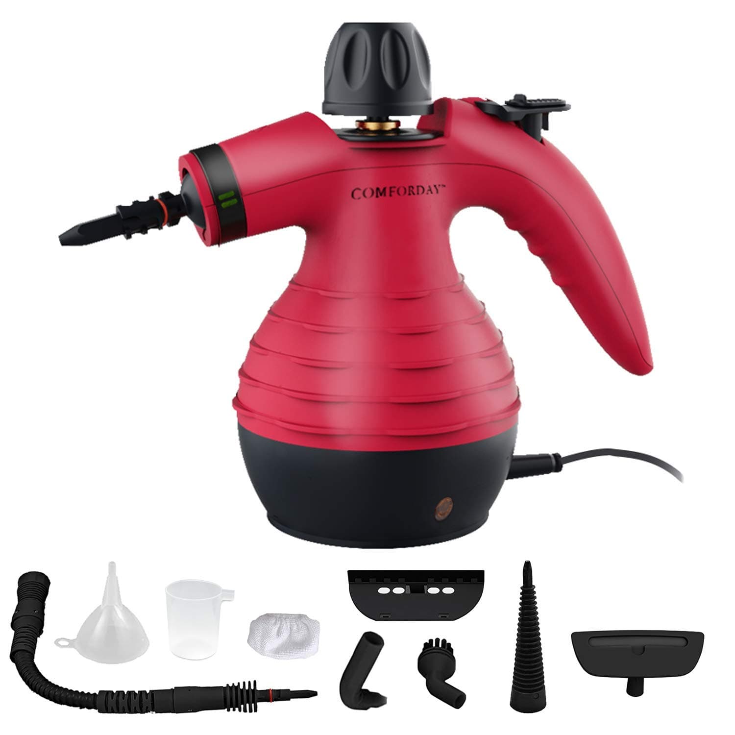 Handheld Pressurized Steam Cleaner - Multipurpose Steamer with 9-Piece Accessory Kit for Stain Removal, Upholstery, Curtains, Car Seats, Carpets, Floors, and Windows (Red)