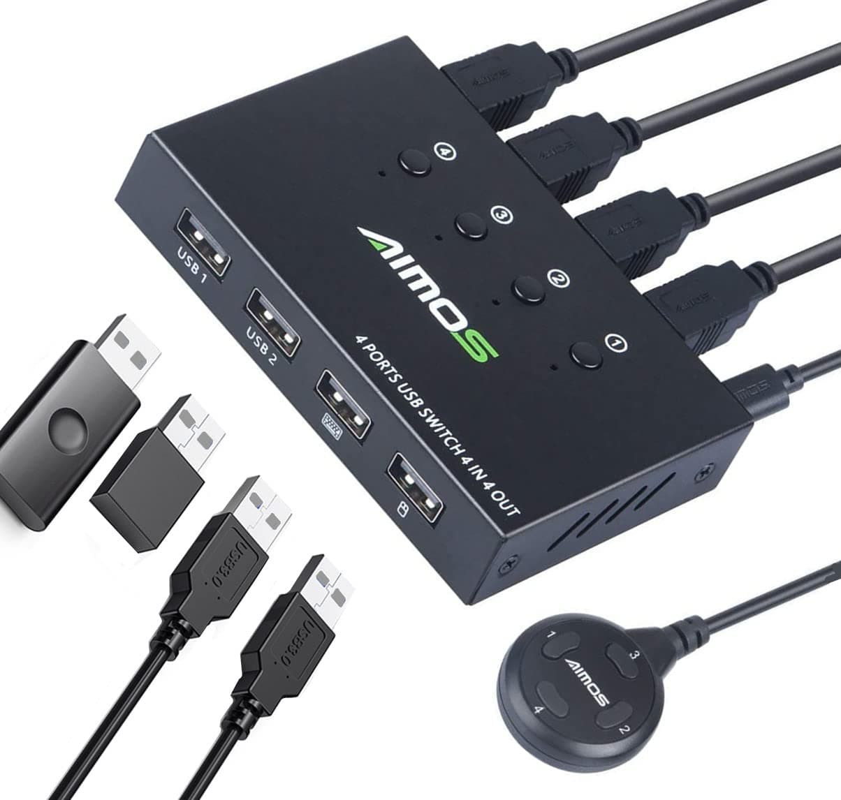 AIMOS USB Switch Selector 4 Port, USB KVM Switcher 4 Computers Sharing 4 USB Devices One-Button Swapping, for Share Mouse, Keyboard, Printer, Scanner, with 4 USB Cables