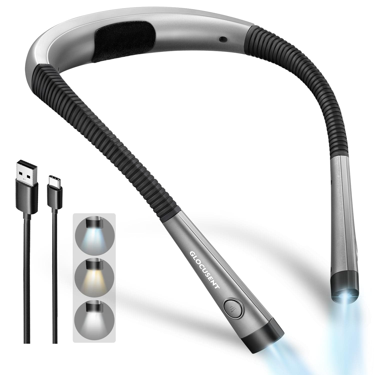 Glocusent Upgraded LED Neck Reading Light, Book Light, 30-min Timer, 3 Colors & 3 Brightness Adjustable, Rechargeable & Long Lasting, Perfect for Reading, Knitting & Repairing