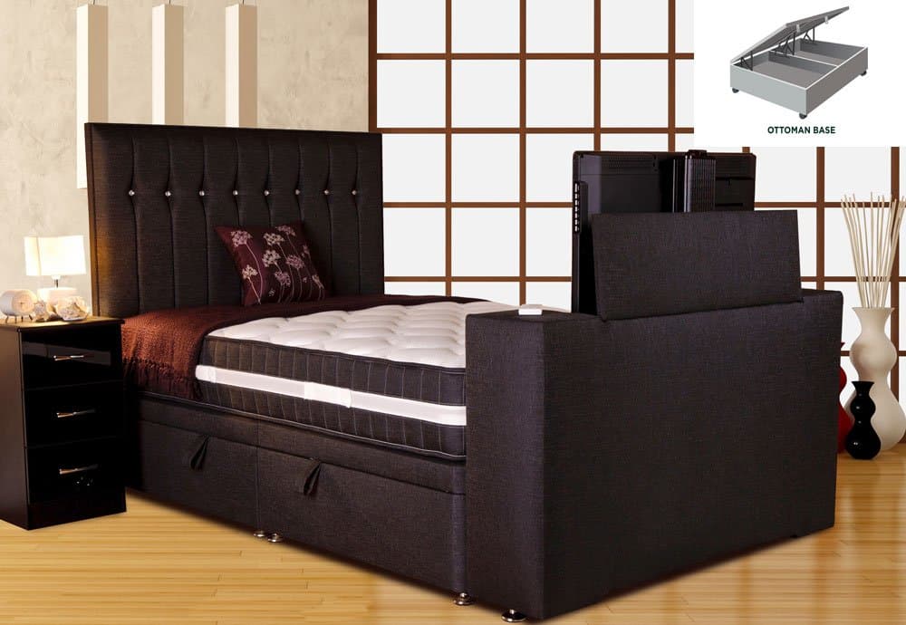 Sparkle Divan TV Bed- Black, King Size 5ft, Platform Top Ottoman Base