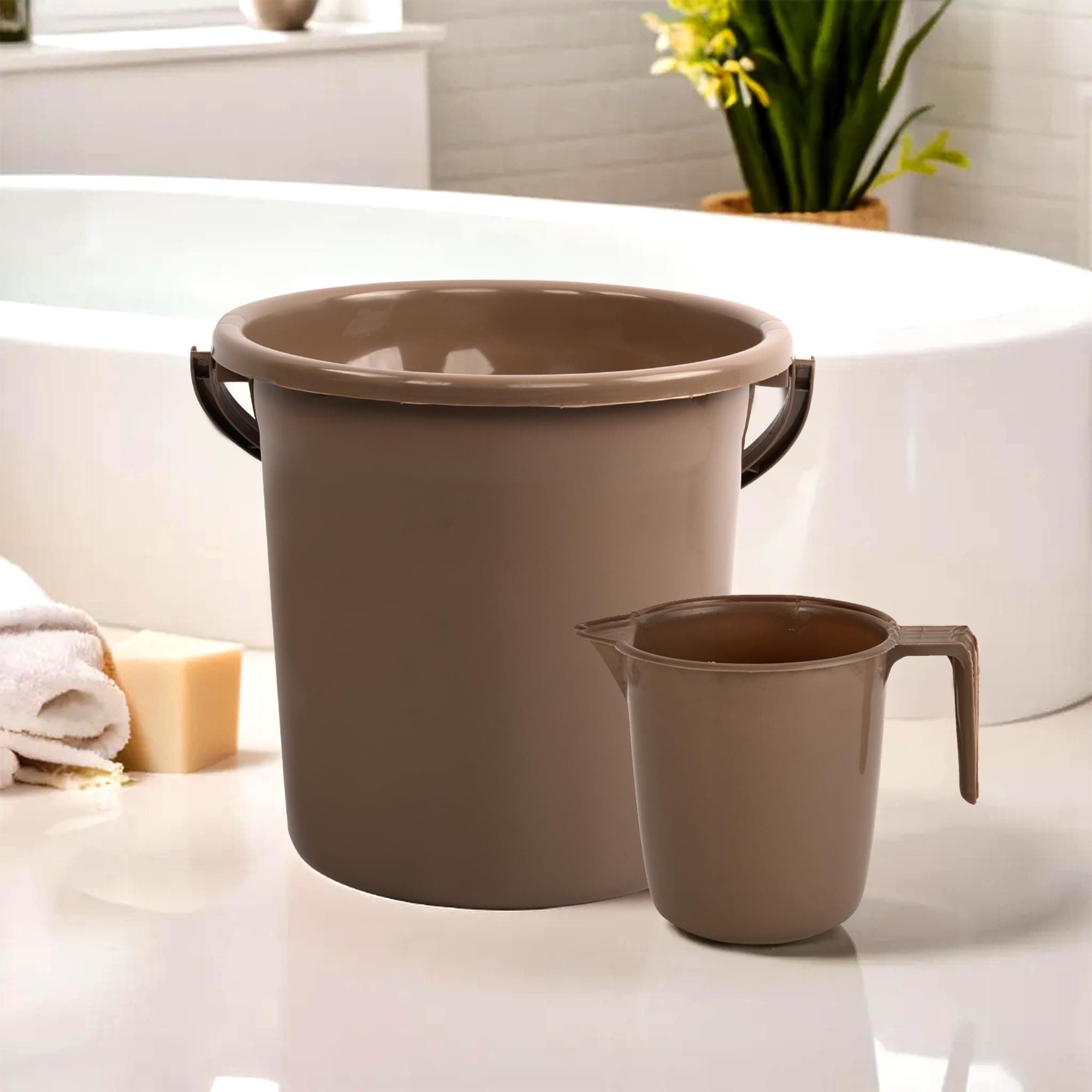 Set of 2 Bathroom Combo Set | Bathware Bathing Set | Bathing Set | Bucket & Mug Combo Set for Bathroom | Modern Bathroom Accessories Set | Brown