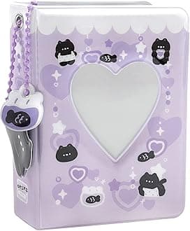 3 Inch Mini Photo Album, Heart Hollow Card Binder Photo Card Holder with Pendant 40 Pockets (purple black cat)