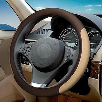 Steering Wheel Cover, Microfiber Leather Splicing with Classic Embossing,Contrasting Colors Anti-Slip Breathable Auto Car Steering Wheel Cover Fit 15 Inch Car Wheel Protector (Coffee&Beige)