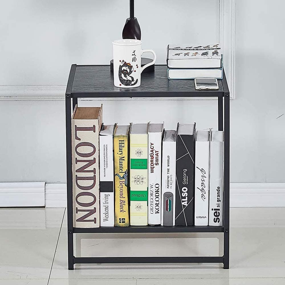 DIKAPA 2 PC Square Side Table/End Table/Coffee Table/Square Wooden Side Table/End Table with Storage Shelf/Vintage Side Table/Storage Shelf Mid-Century Industrial Wood Look Metal Frame …