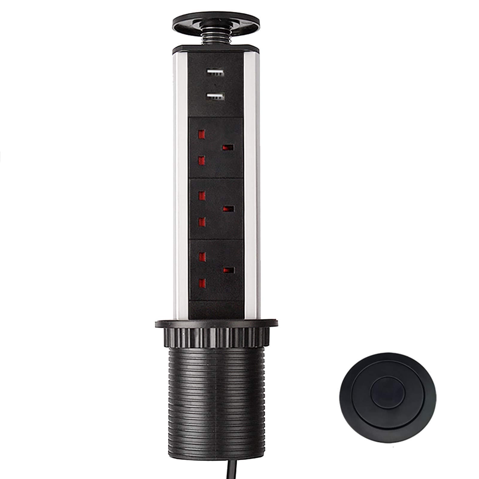 Pull Pop Up Electrical Plug Socket with USB for Kitchen Worktops (Black)