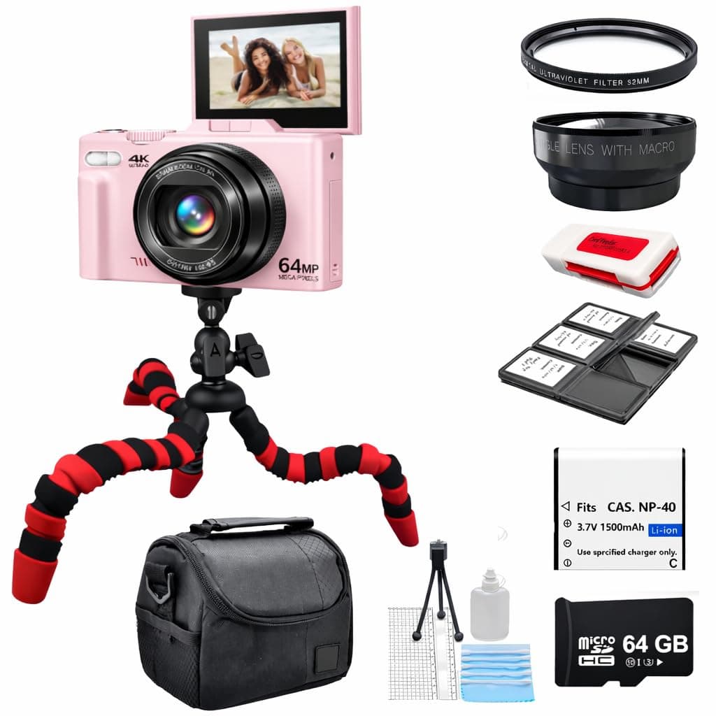4K 48MP Digital Camera Kit for Photography, Vlogging Camera for YouTube with Flip Screen, WiFi, Wide Angle & Macro Lens, 64GB Micro SD Card, 12" Flexible Tripod, Carrying Case, Card Reader