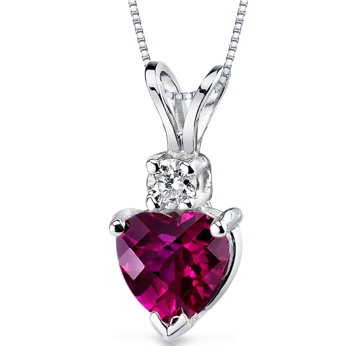 Solid 14K White Gold Created Ruby with Genuine Diamond Pendant for Women, Heart Shape, 1.17 Carats total, Sparkling V-Day Gift Valentines Gift for Women, Women Gift Ideas w/Jewelry Box