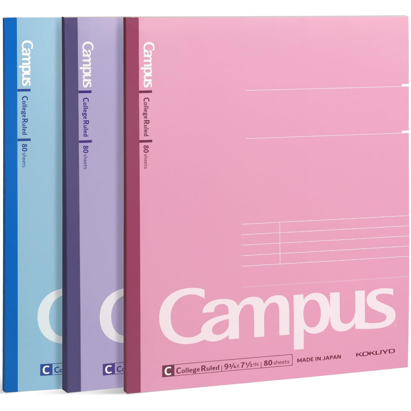 KOKUYO Campus Notebook, 9-3/4" x 7-1/2", College Ruled, 80 Sheets, Pack of 3 Colors - Pink, Blue, Purple, Japan Import (WSG-NO-308CG1×3)