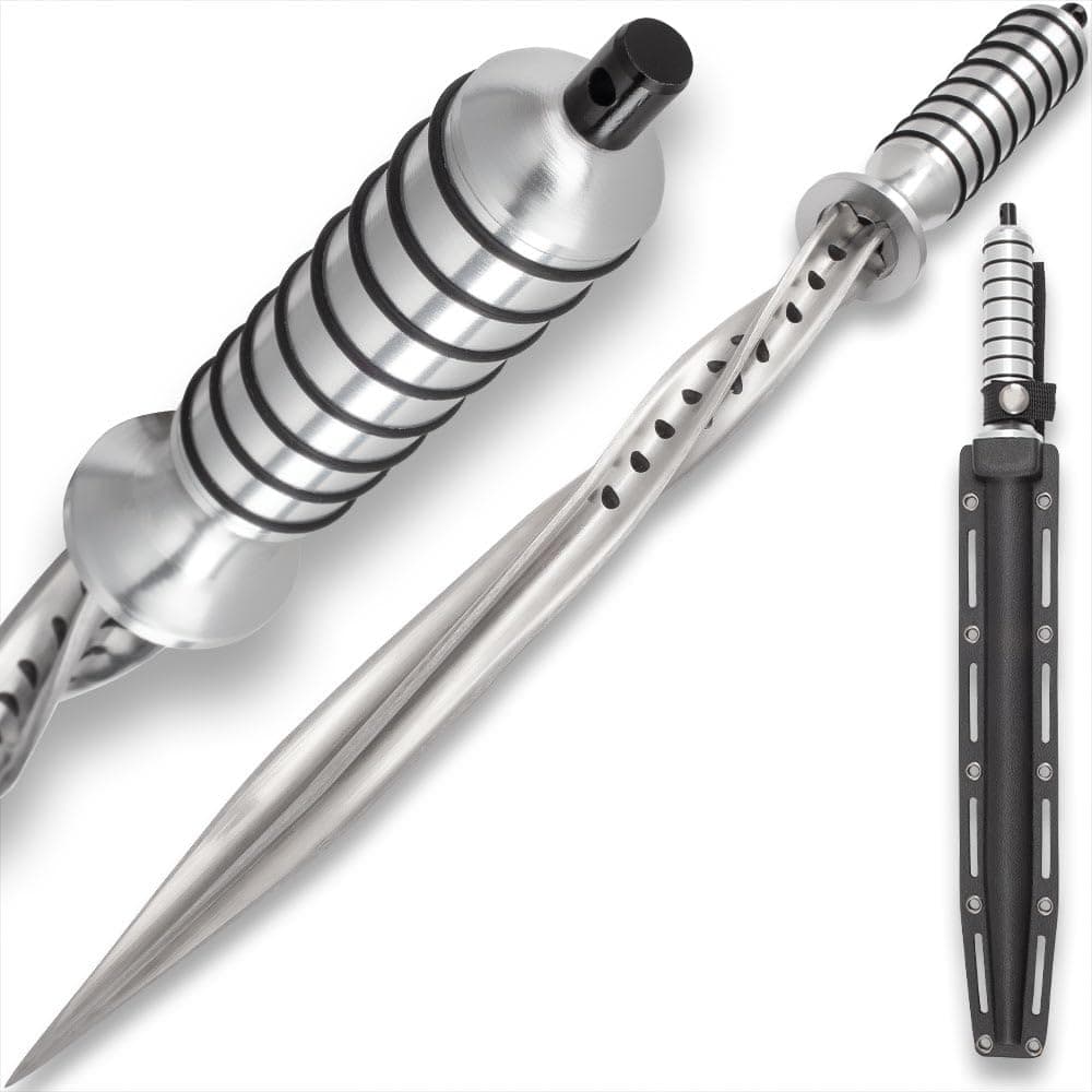 Titanium Spiral Dagger | Quad-Edged Spiral Blade | Slip-Resistant Handle | Custom-Fit Sheath Included | Stainless Steel Blade | 16 1/2" Overall Length (Gray)