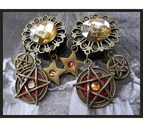 Bewitching Pagan Pentagram EAR PLUGS dangle earring pick gauge 1/2", 9/16", 5/8", 11/16", 7/8", 1", 1 1/16" aka 12, 14, 16, 18, 22, 25, 28mm