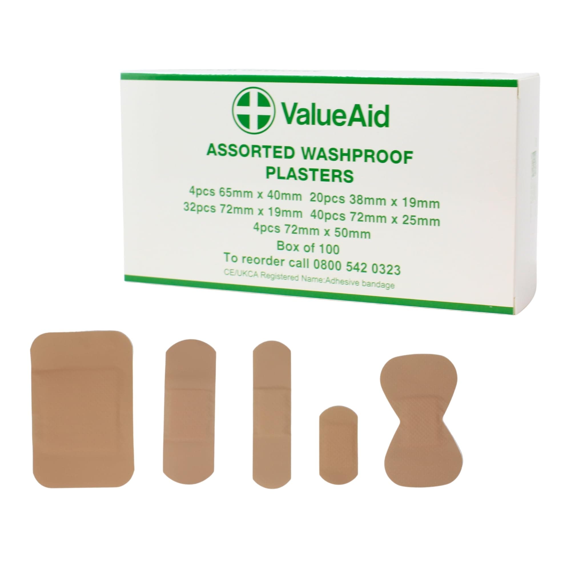 Value Aid Assorted Washproof Plasters - Pack of 100 Individually Wrapped Hypoallergenic, Latex-Free Adhesive - 5 Popular Sizes for First Aid Kit & On-The-Go Medical Supplies