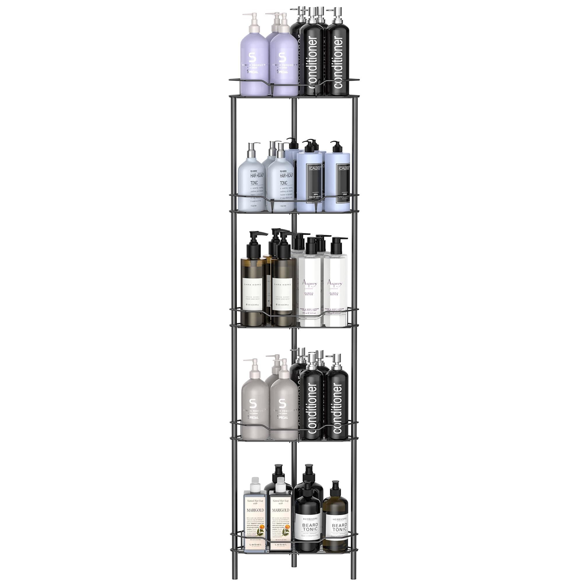 5 Tier Floor Standing Corner Shower Caddy Organizer Shelf with Hooks, Bathroom Shelves Stand Rack, Matt Black