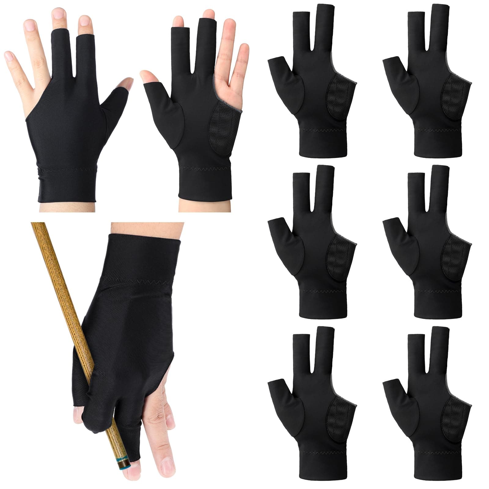Civaner 8 Pcs Left Hand 3-Finger Billiard Pool Gloves for Men & Women Smooth Cue Stroke, Snooker & Carom Sports Popular Sizes Accessories for Team Club