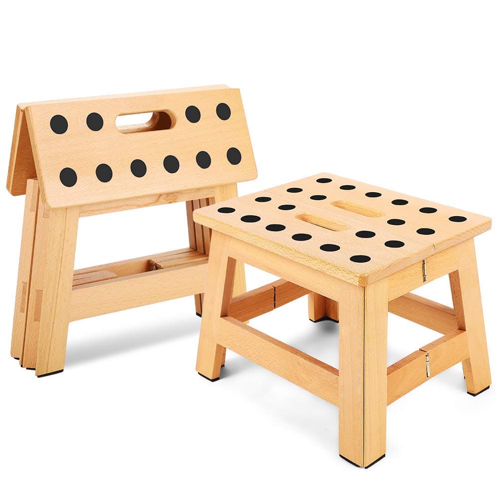 Jiodux Folding Wooden Stool - 8.8" Height - Folding Step Stool for Adults & Kids' Step Stools, Small Foldable Step Stool Use in Kitchen Garden Camping - Holds up to 300 Lbs