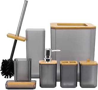 CERBIOR Bathroom Accessories Set 7 Piece Bath Ensemble Includes Soap Dispenser, Toothbrush Holder, Toothbrush Cup, Soap Dish for Decorative Countertop and Housewarming Gift (Matte Black)