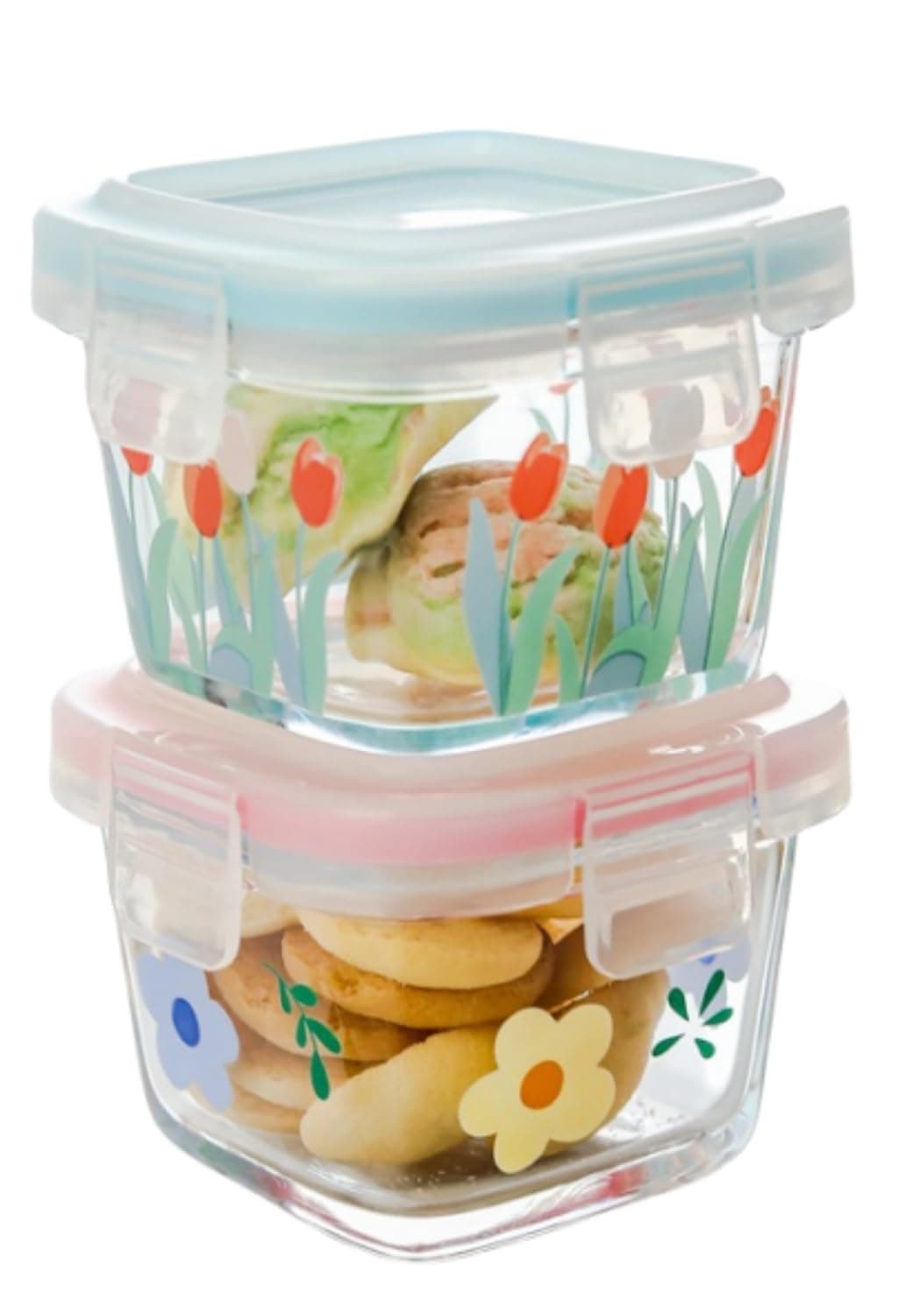 2 Pack 4 OZ Small Square Glass Containers with Lids, Floral Food Jars Airtight Glass Food Container for Sauce,Snack,Yogurt,Dressing,Dip,Dessert,Freezer Microwave Safe