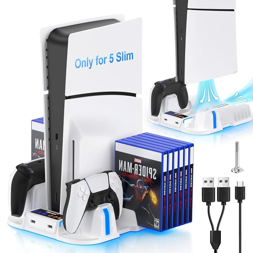 PS5 Slim Cooling Stand with Controller and Charging Stand, Compatible with PS5 Accessories, 3 Levels Cooling Fan, 12 Pcs Game Storage, White