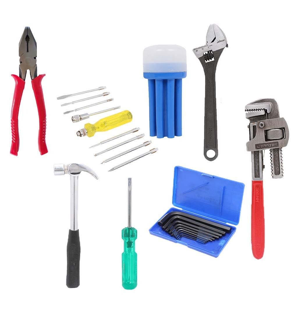 Johnson Professional Home Kit With Combination Plier, Screwdriver Set, Adjustable Wrench (200 mm), Claw Hammer, Two In One Screw Driver, Allen Key Set & Pipe Wrench (300mm)
