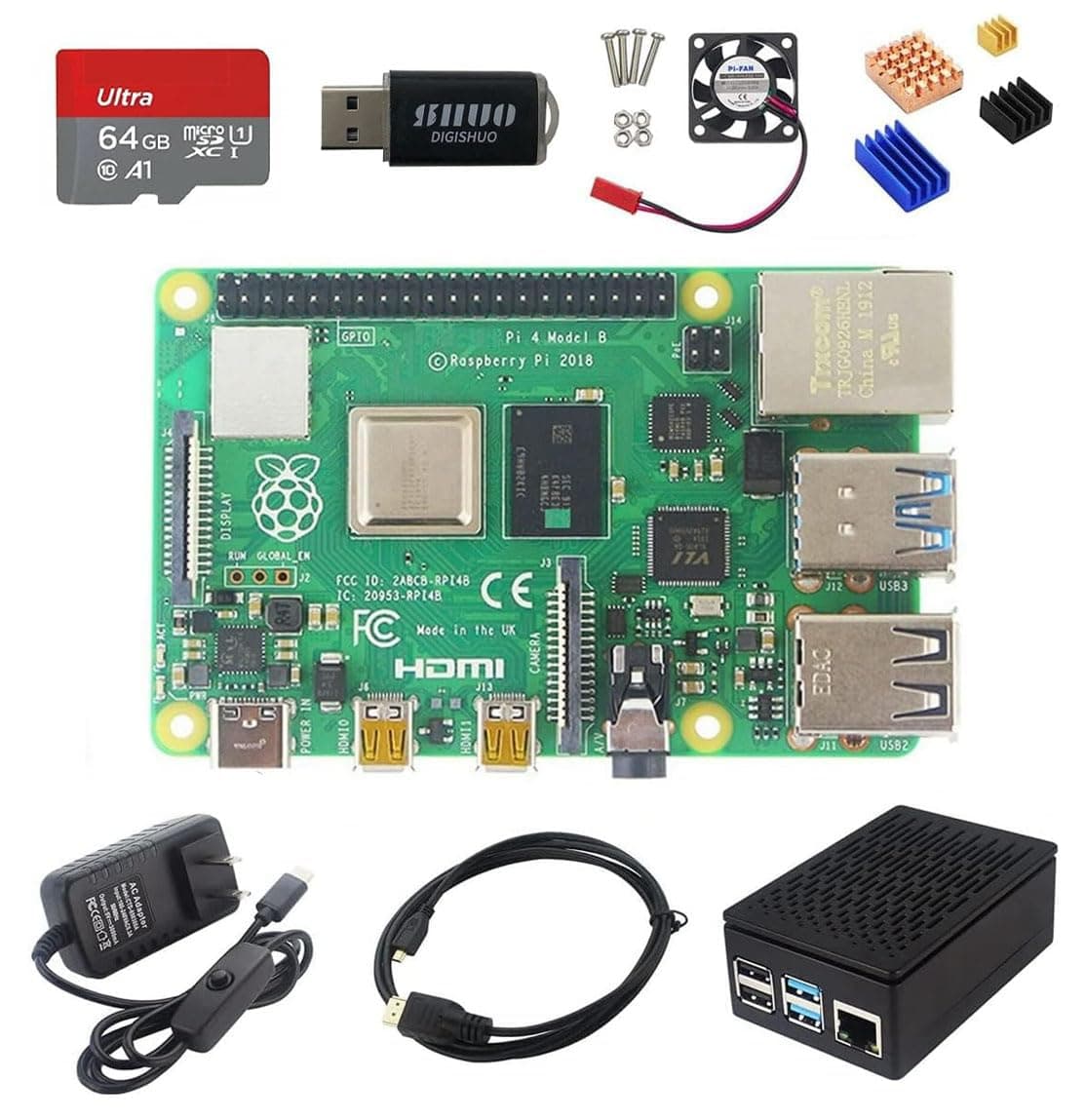 DIGISHUO Raspberry Pi 4B Model B 4GB RAM DIY Kit | with Case | Pi Cooling Fan | San Disk 64G SD Card Micro-SD | Micro HDMI Cable | Sufficient 5V 3A Power Supply (4G Module 8 in 1 Kit)
