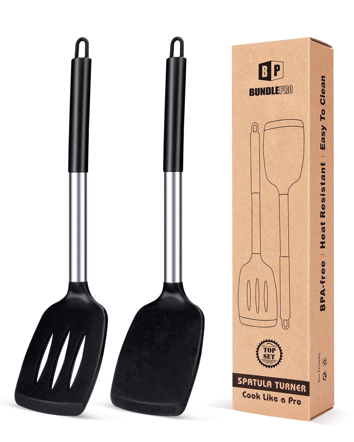 Pack of 2 Silicone Solid Turner, Non Stick Slotted Kitchen Spatulas, High Heat Resistant BPA Free Cooking Utensils, Ideal Cookware for Fish, Eggs, Pancakes(Black)