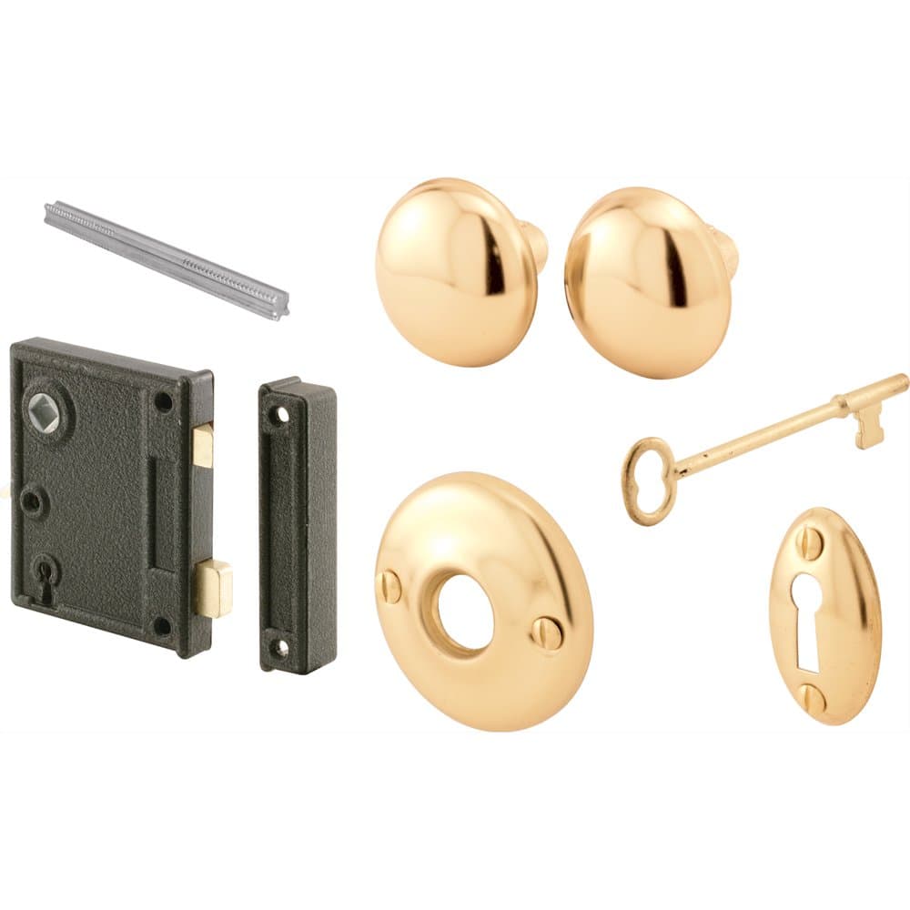 Prime-Line E 2437 Vertical Trim Vintage Lock Set – Cast Steel Construction, Brass Plated Knobs, Skeleton Key Locking System – 2-1/2” Backset, Surface Mounted on Right-Hand Swing-In Interior Doors