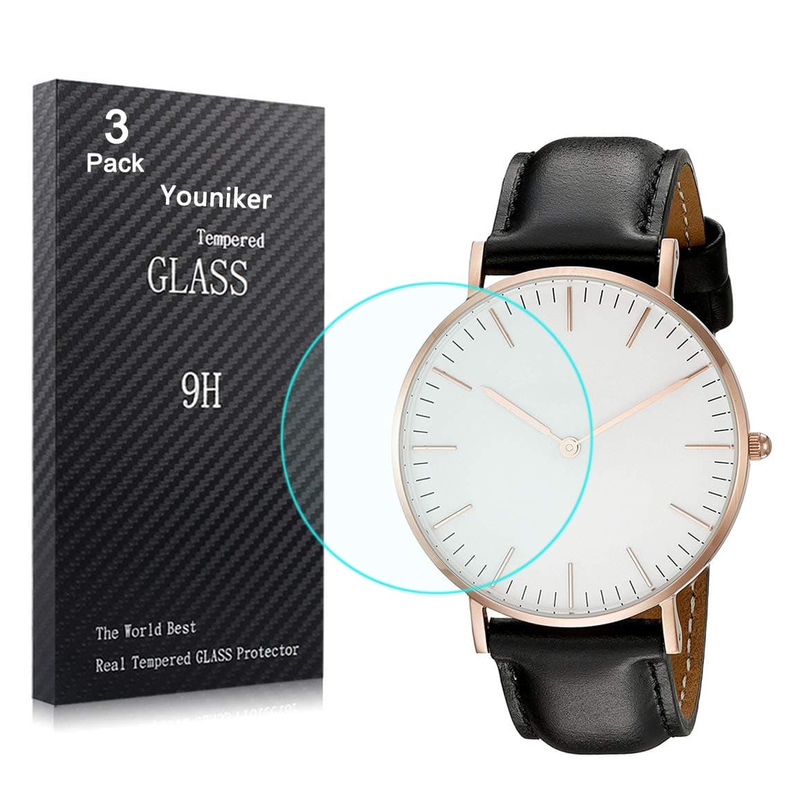 Youniker 3 Pack Universal Round Watch Screen Protector Tempered Glass, 37mm Generic Watch Screen Protector Foils Glass 9H Hardness 0.3MM Slim, Anti-Scratch, Anti-Fingerprint, Bubble Free (37MM)