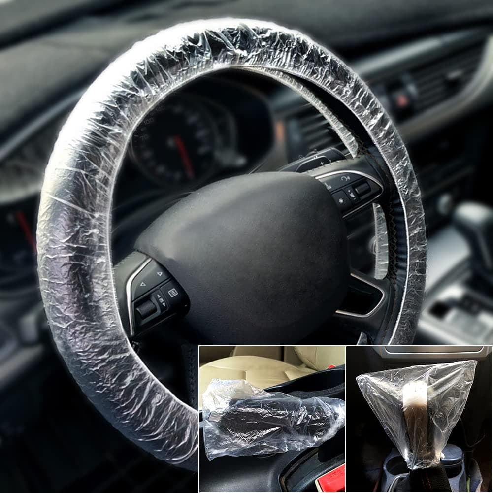 300Pcs Clear Disposable Car Protective Covers Include 100Pcs Disposable Steering Wheel Covers 100Pcs Disposable Gear Shift Cover 100Pcs Disposable Handbrake Cover for Auto Car Accessories