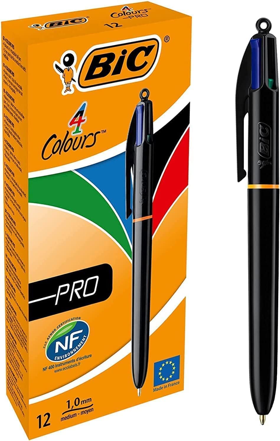 4 Colours Pro Multi Pen, Multi Coloured Pens All In One, Retractable Ballpoint Pen, Medium 1.0mm, Green, Blue, Red, Black, 12 Pens Per Pack, 1 Pack