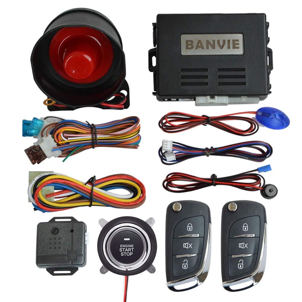 BANVIE Auto Security Alarm System with Smart Engine Start Buttton and Remote Starter (1-Way Alarm + Remote Starter + Push Start Stop But)
