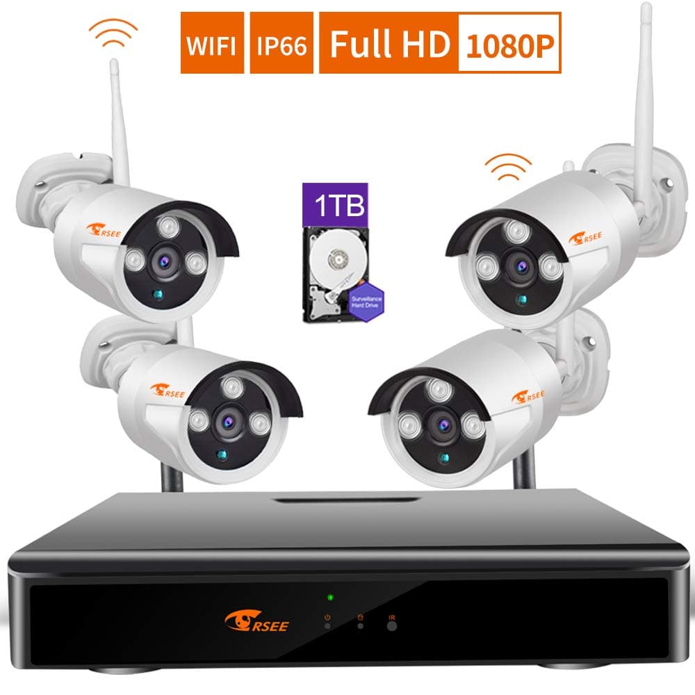 Wireless CCTV Security Camera System8CH 1080P HD Expandable NVR,4x2.0MP Weatherproof Night Vision Security Cameras,1TB Hard Drive(With audio fuction,can add more cameras)