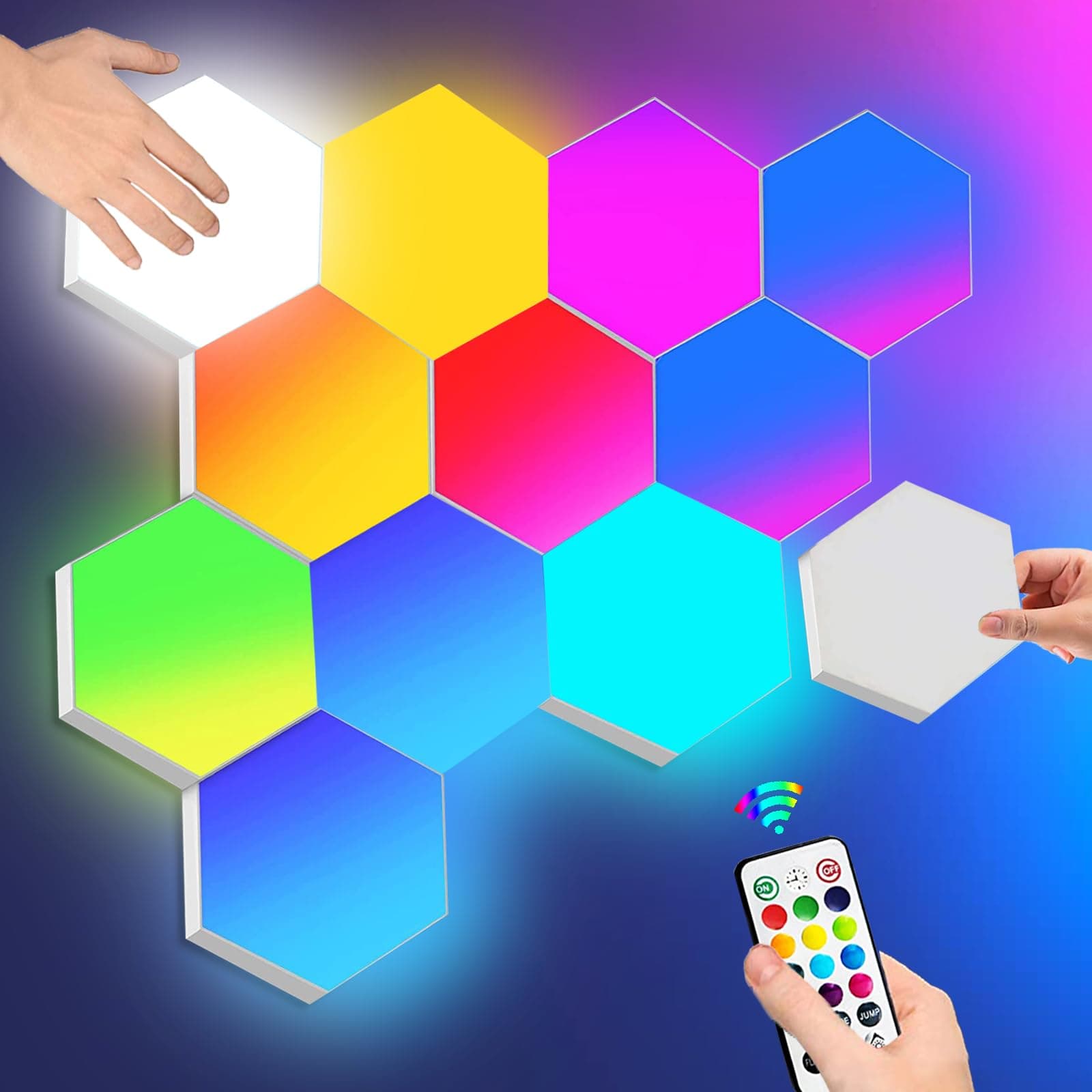 – Hexagon Lights with Remote Control, Smart LED Wall Light Panels Touch-Sensitive RGB Gaming Night Lights Mood Lightning DIY Geometry Splicing Module for Gaming Setup/Home Bar Party Decor, 7 Pack