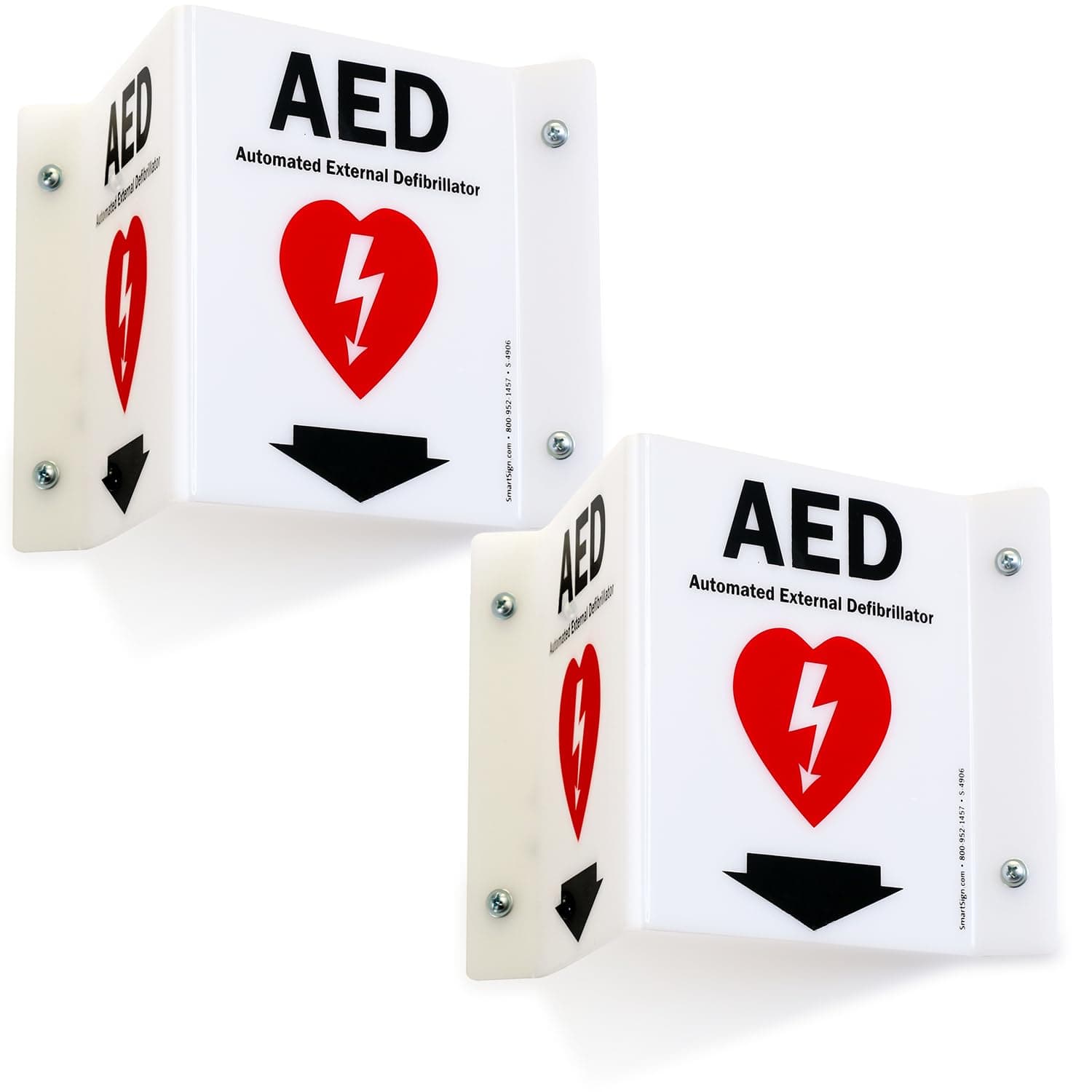 SmartSign (2-Pack) AED Projecting Sign with Down Arrow - 5" x 6", Two-Sided Wall Mount Polished Acrylic Corridor V-Sign, Red, White and Black