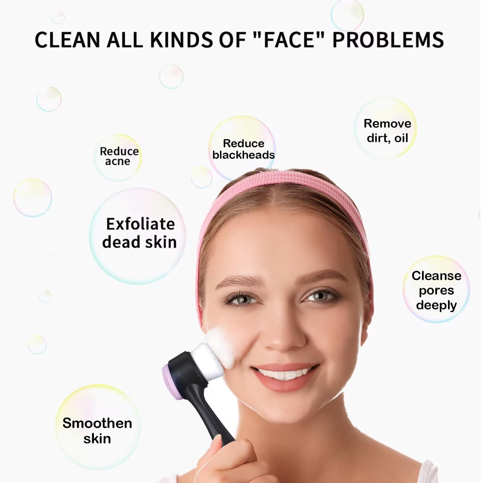 Facial Cleansing Brush 2 in 1, Silicone Face Scrubber Dual Face Brush for Deep Pore Cleansing and Exfoliating, Skincare Headband and Wristbands Set for Washing Face, Massaging Spa Makeup,Black