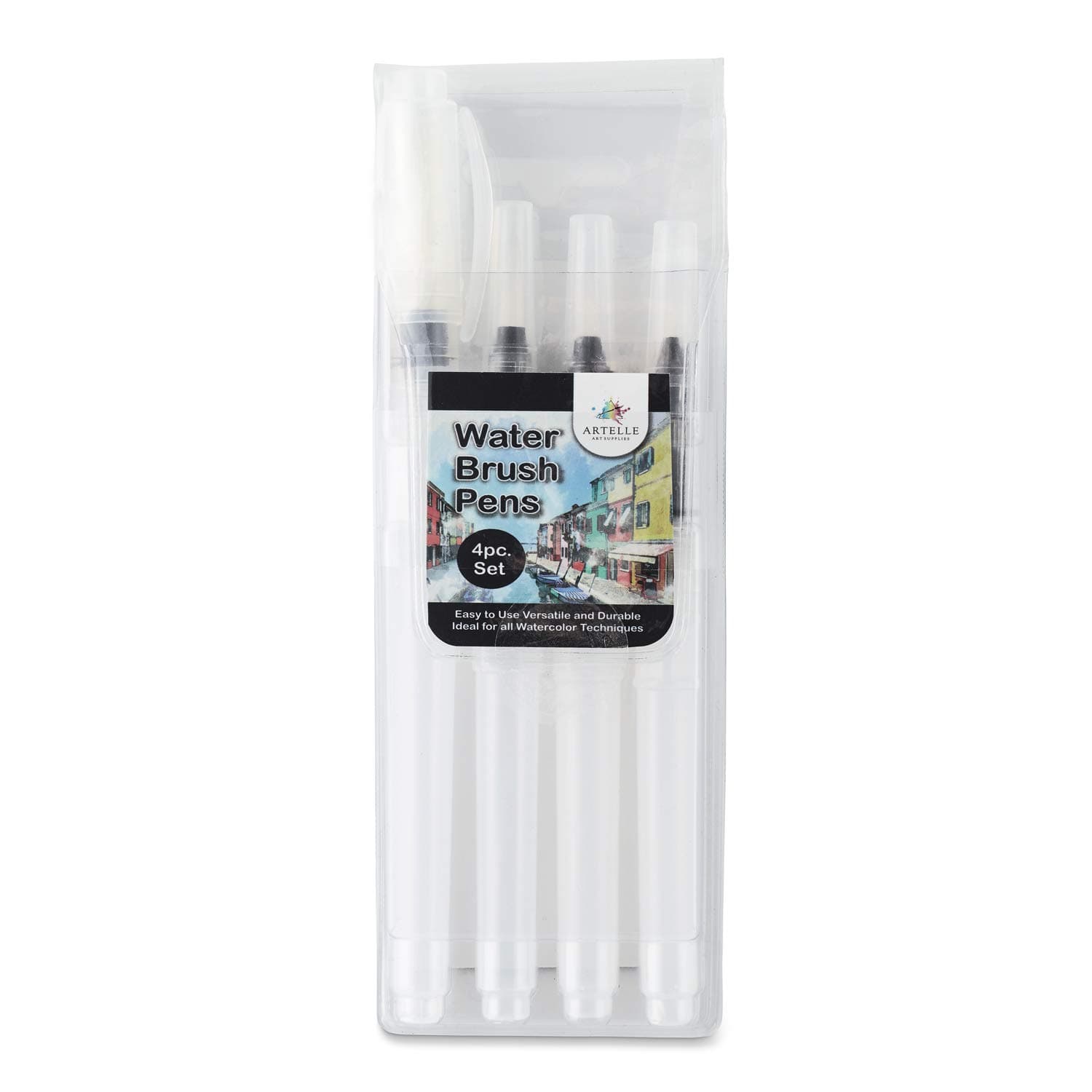 Artelle Water Brush Pens Set, 4 Assorted Tips, Refillable Aqua Brushes, Perfect for Watercolour Effects, Use with Watercolour Brush Pens, Watercolour Pencils, Ink, Water Soluble Paints and Dyes