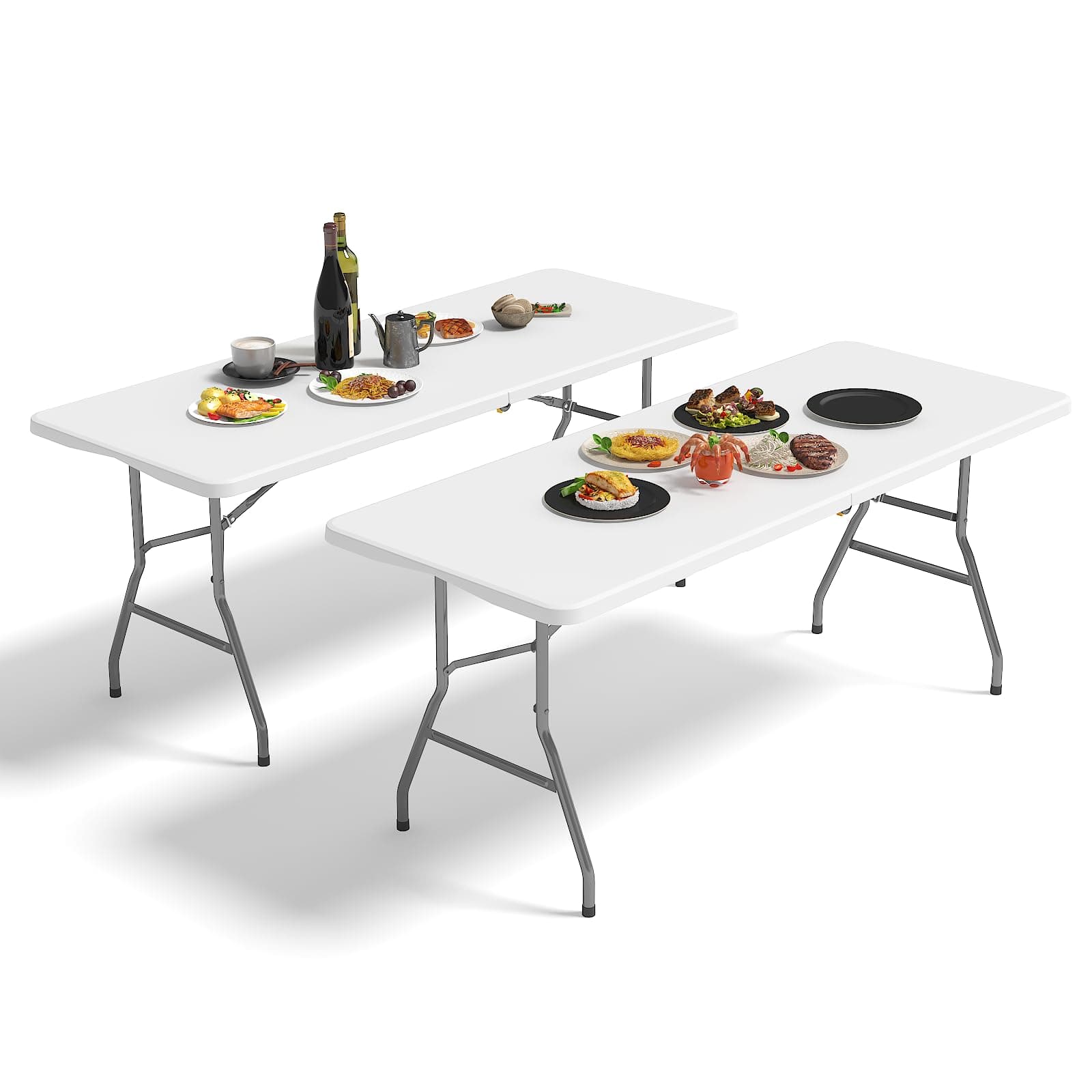 6FT Folding Table 2 Pack, Portable Plastic Folding Table, Folding Dining Table with Carrying Handle, Party Table Easy Folding and Storage, for Indoor or Outdoor Use