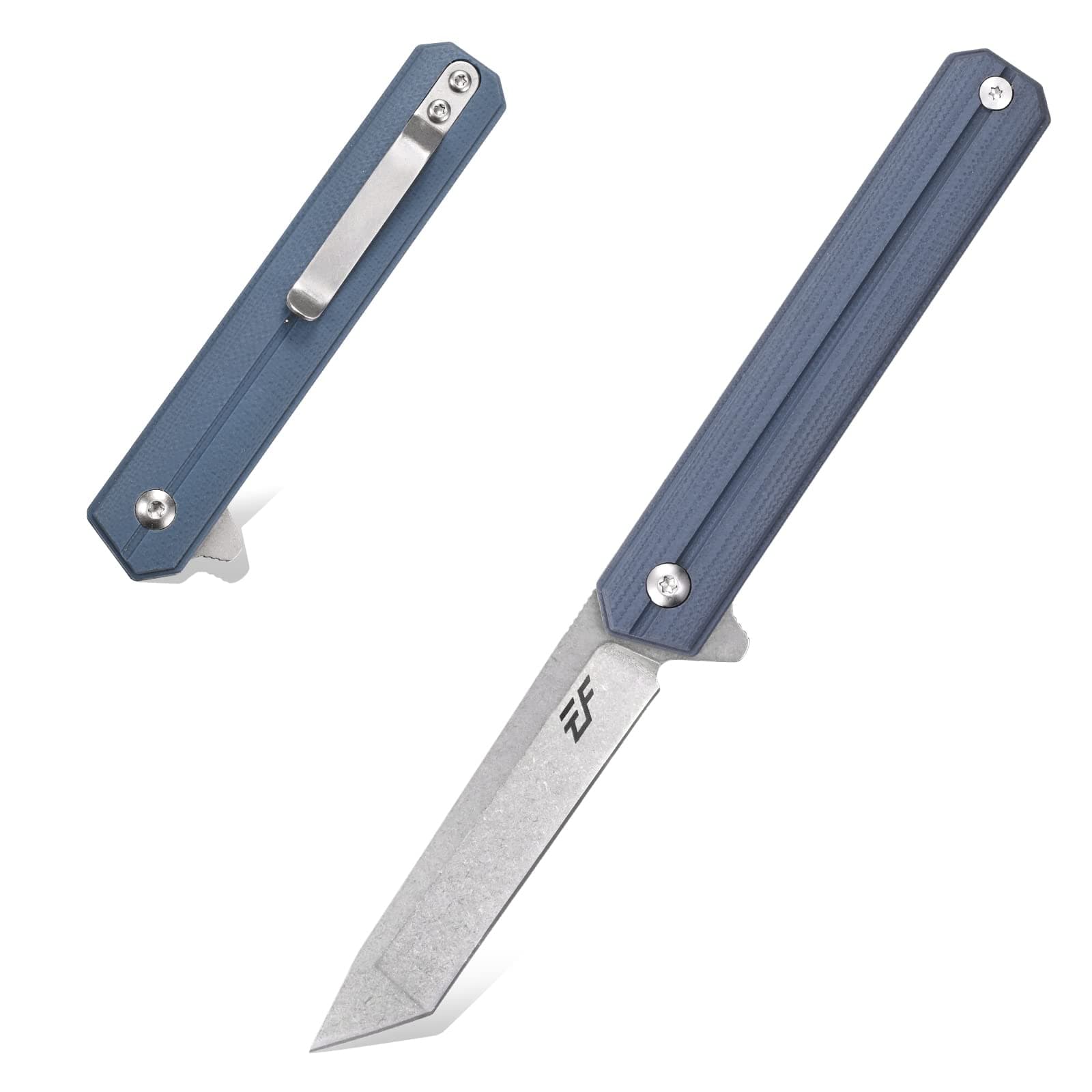 EF65 Flipper Folding Lock Knife Ball Bearing D2 Blade and G10 Steel Handle Pocket Assisted Multitool with Clip Everday Carry (EF65-T-gray blue)