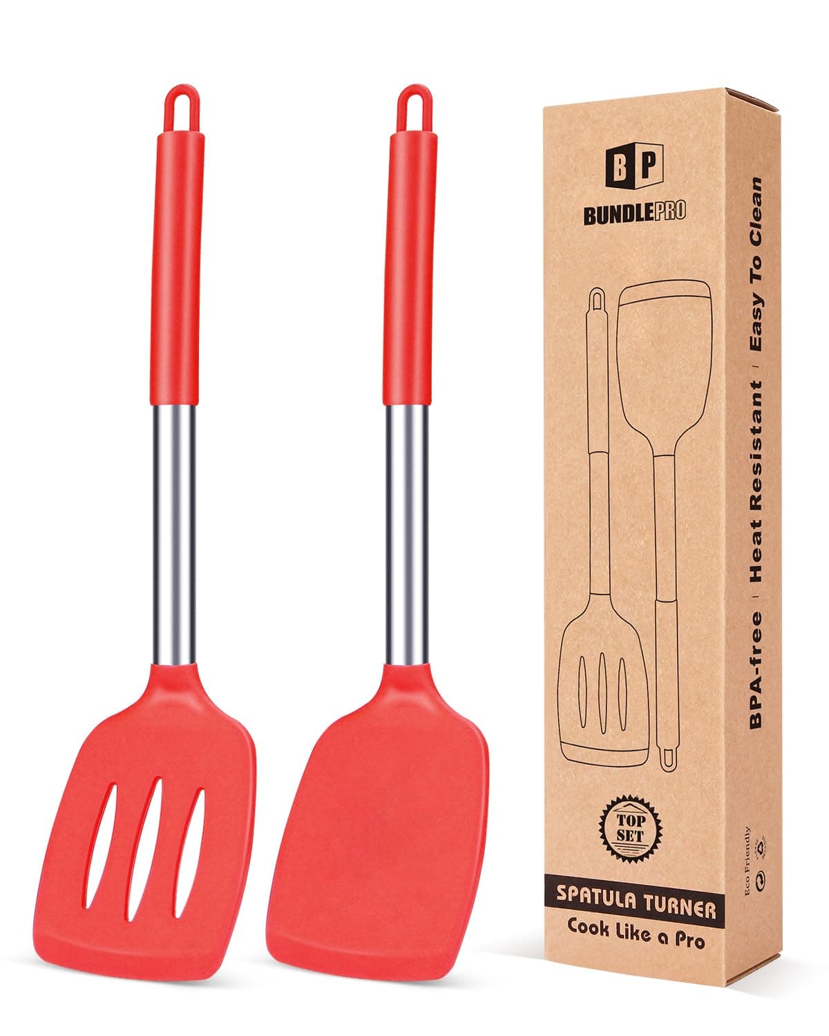 Pack of 2 Silicone Solid Turner, Non Stick Slotted Kitchen Spatulas, High Heat Resistant BPA Free Cooking Utensils, Ideal Cookware for Fish, Eggs, Pancakes(Red)