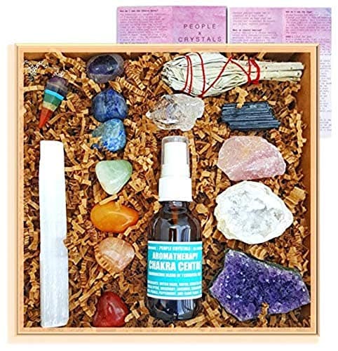 Premium Healing Crystals Full Gift Set/Includes 7 Chakra tumbles, Crystal Pendulum, Amethyst Cluster, Raw Rose Quartz, and Crystal Point/Bohemian Meditation Kit