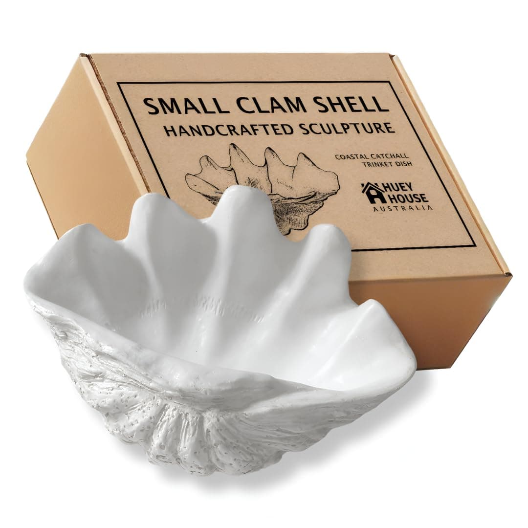 Small Clam Shell Sculpture Replica, 8.75" L x 5.6" W x 4.33" H, Handcrafted White Resin Seashell for Coastal Home Décor, or Trinket Dish for Jewelry, or Keys