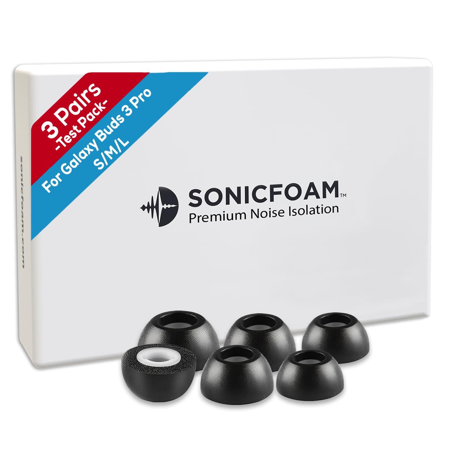 SONICFOAM Memory Foam Earbud Tips - Premium Noise Isolation, Replacement Foam Ear Tips, 3 Pairs for Buds 3 Pro (Buds 3 Pro, S/M/L, Black, Tester Pack)