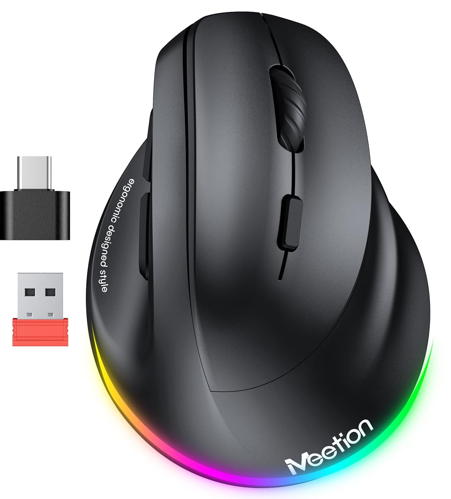 Ergonomic Mouse, Wireless Vertical Mouse RGB Backlit Rechargeable Mice for Bluetooth(5.2 + 3.0) & USB-A with USB-C Adapter 4 Adjustable DPI for Mac/Windows/Andriod/PC/Tablet/iPad Black