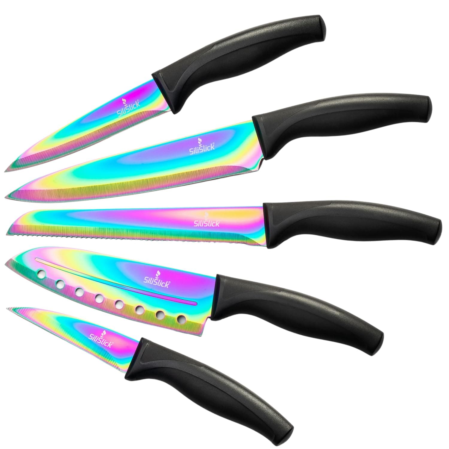 SiliSlick Rainbow Kitchen Knife Set, Sharp Stainless Steel Knives with Titanium Coating, Chef, Bread, Santoku, Paring, & Utility, Includes Covers, Ergonomic Black Handle