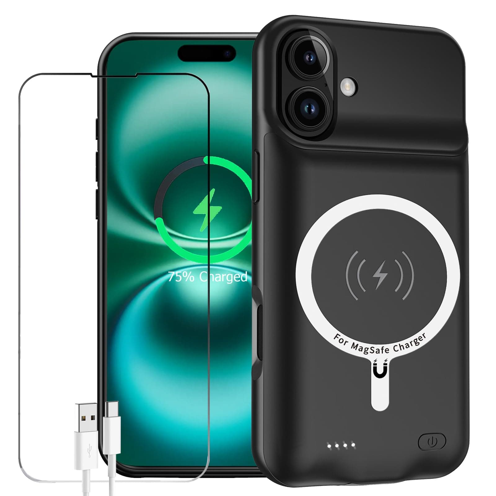 Battery Case for iPhone 16, Enhanced 10000mAh Portable Protective Wireless Charging Case Support Carplay Compatible with iPhone 16 (6.1 inch) Rechargeable Extended Battery Charger (Black)